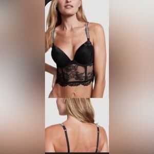 NWT 2pc Victoria's Secret Bombshell Black Lace Rhinestone Corset Bra and T thong